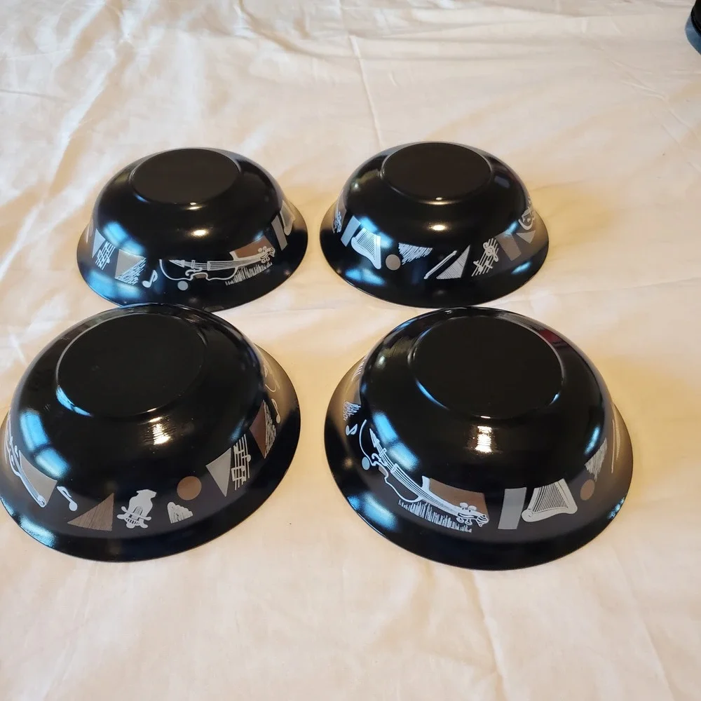 Arcoroc France Black Glass Musical Instrument Bowls Set of 4 Violin Harp Motif